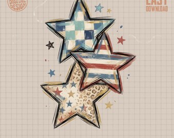 Patriotic Stars PNG Digital Design, Distressed American Stars Sublimation, Grungy Boho Leopard Print 4th of July Stars Art
