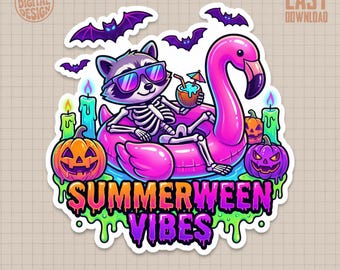 Summerween Vibes PNG Digital Download, Raccoon Skeleton Flamingo Float Halloween Summer Neon Spooky Cute Graphic Art