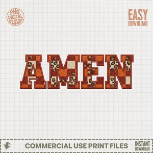 Op de afbeelding: Het woord "AMEN" in een vetgedrukte blokletterstijl, met een mix van oranje ruitjes en luipaardprintpatronen. Het ontwerp is geplaatst tegen een rasterachtergrond, met de tekst "PNG DIGITAL DESIGN" en "EASY DOWNLOAD".