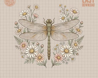 Dragonfly Daisy Wreath PNG, Cottagecore Digital Art, Nature Insect Sublimation Design, Boho Floral Clipart, Vintage Botanical Printable