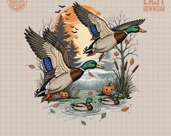 Halloween Duck PNG Design | Mallard Ducks Flying Spooky Autumn Fall Graphic | Pumpkin Moon Sublimation Printable Digital Art