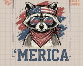 Patriotic Raccoon 'Merica Digital Design PNG, 4th of July USA Flag Animal Graphic for Sublimation, Instant Download File