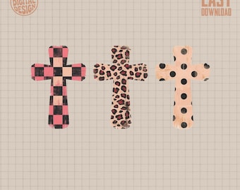 Distressed Cross PNG Bundle Digital Design for Sublimation, Buffalo Plaid Leopard Polka Dot Faith Graphic Clipart