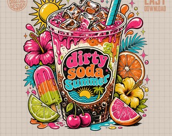 Dirty Soda Summer PNG, Trendy Groovy Cola Drink Digital Design, Retro Y2K Tropical Vacation Vibe Sublimation Graphic