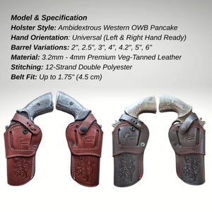 May include: Four leather gun holsters in shades of brown and black, each holding a revolver. The holsters feature decorative stitching and embossed designs. The text in the image describes the holster style, material, and barrel variations.