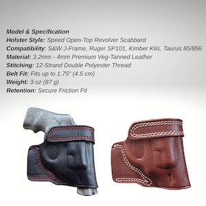 Puede incluir: Dos fundas de cuero para revólver, una negra y otra marrón, con costuras rojas y blancas. Las fundas son de estilo abierto y están diseñadas para revólveres S&W J-Frame, Ruger SP101, Kimber K6s y Taurus 85/856. Ajuste para cinturones de hasta 4,5 cm.