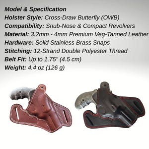 Könnte beinhalten: Zwei Leder-Cross-Draw-Butterfly-Holster für Snub-Nose- und Compact-Revolver. Eines ist braun mit weißen Nähten, das andere schwarz mit roten Nähten. Hergestellt aus hochwertigem, pflanzlich gegerbtem Leder, mit soliden Edelstahl-Messing-Druckknöpfen. Gürtel passend bis 4,5 cm.