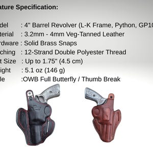 Puede incluir: Dos fundas de cuero para pistolas, una negra con costuras rojas y otra marrón. Las fundas están diseñadas para un revólver de cañón de 4" y cuentan con broches de latón macizo. El tamaño del cinturón es de hasta 4,5 cm.