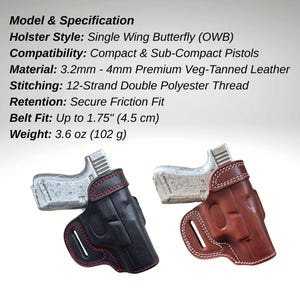 May include: Two leather Single Wing Butterfly (OWB) holsters, one black and one brown, each holding a compact pistol. The holsters are made of premium veg-tanned leather, with red and white stitching. Belt fit up to 1.75 inches (4.5 cm).