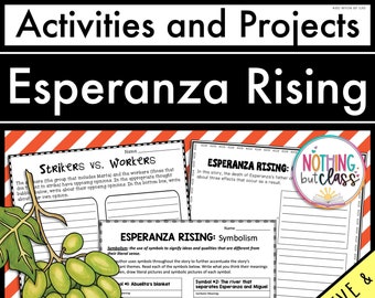 Puede incluir: Un recurso educativo imprimible titulado "Actividades y proyectos: Esperanza Rising". La imagen presenta hojas de trabajo con indicaciones sobre simbolismo, personajes y puntos de la trama de la novela. Un racimo de uvas verdes y hojas se encuentra en la esquina inferior izquierda.