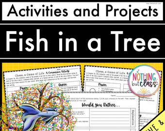 Op de afbeelding: Een afdrukbaar educatief werkblad getiteld "Activiteiten en projecten" met de titel "Fish in a Tree". Het werkblad bevat een sectie "Schaak, een spel van het leven: een vergelijkingsactiviteit" met prompts en een kleurrijke illustratie van een vis in een boom.