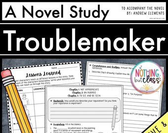 Peut inclure: Une feuille de travail d'étude du roman "Troublemaker" avec une illustration de crayon. La feuille de travail comprend des sections pour les leçons apprises, la compréhension, le vocabulaire et les questions vrai/faux. Le texte "Google Drive & Printable" est également visible.