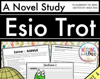 May include: A novel study worksheet for the book "Esio Trot" by Roald Dahl. The worksheet includes comprehension questions, a riddle, and a quick write section. A cartoon turtle is featured on the left side of the page. The words "Google Drive & Printable" are in the bottom right corner.