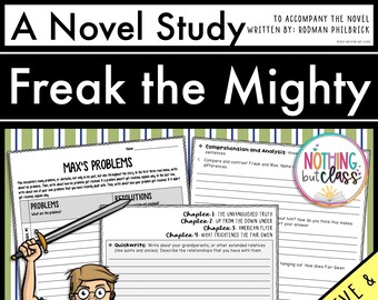 Könnte beinhalten: Ein Arbeitsblatt für die Romanlektüre von "Freak the Mighty" mit Arbeitsblättern. Der Titel ist groß und fett dargestellt. Die Arbeitsblätter umfassen Abschnitte zu Max' Problemen, zum Verständnis und zum Wortschatz. Eine Cartoon-Illustration eines Jungen mit einem Schwert ist enthalten.