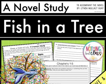 Op de afbeelding: Een printbaar werkblad voor een romanstudie van "Fish in a Tree" van Lynda Mullaly Hunt. Het werkblad bevat activiteiten zoals een schaakvergelijking, begripvragen, woordenschat en een schrijfopdracht. Het werkblad is ontworpen voor leerlingen om te gebruiken met de roman.