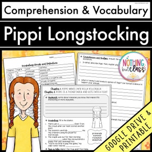 May include: A printable worksheet for a book study of Pippi Longstocking. The worksheet includes vocabulary words, comprehension questions, and an activity to write about someone who makes life interesting. The worksheet features a cartoon illustration of Pippi Longstocking.