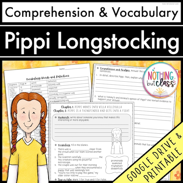 Pippi Longstocking | Comprehension and Vocabulary by chapter | Guided Reading | Worksheets | Printable and Digital | Classroom or Homeschool