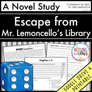 May include: A black and white printable worksheet for a novel study of "Escape from Mr. Lemoncello's Library" by Chris Grabensten. The worksheet includes activities such as word inventions, written response, and multiple choice questions. The worksheet is designed for chapters 1-4 of the book.