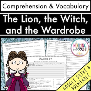 May include: A printable worksheet for "The Lion, the Witch, and the Wardrobe" with comprehension and vocabulary activities. The worksheet features a cartoon illustration of a girl in a red dress. The worksheet includes questions about the book and definitions for vocabulary words.