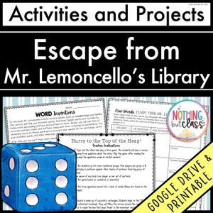 Könnte beinhalten: Ein farbenfrohes, druckbares Aktivitätspaket für Lehrer und Schüler mit dem Buch "Escape from Mr. Lemoncello's Library". Das Paket enthält Wortfindungsaktivitäten, ein Quizspiel und eine neue Wort-Aktivität.