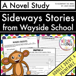 Könnte beinhalten: Ein Arbeitsblatt für "A Novel Study" für "Sideways Stories from Wayside School" von Louis Sachar. Die Bildungsressource enthält Lückentexte zum Wortschatz, Hauptereignisse und Verständnisfragen. Ein Cartoon-Affe und die Worte "Google Drive & Printable" sind ebenfalls sichtbar.