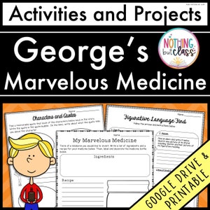 Op de afbeelding: Een printbaar werkblad voor een boekverslag over "George's Wondermiddel". Het werkblad bevat activiteiten die leerlingen kunnen voltooien, zoals het identificeren van personages en citaten, het maken van een recept voor een wondermiddel en het vinden van beeldspraak.