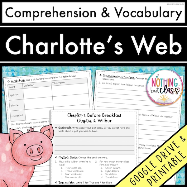 Charlotte's Web | Comprehension and Vocabulary by chapter | Guided Reading | Worksheets | Printable and Digital