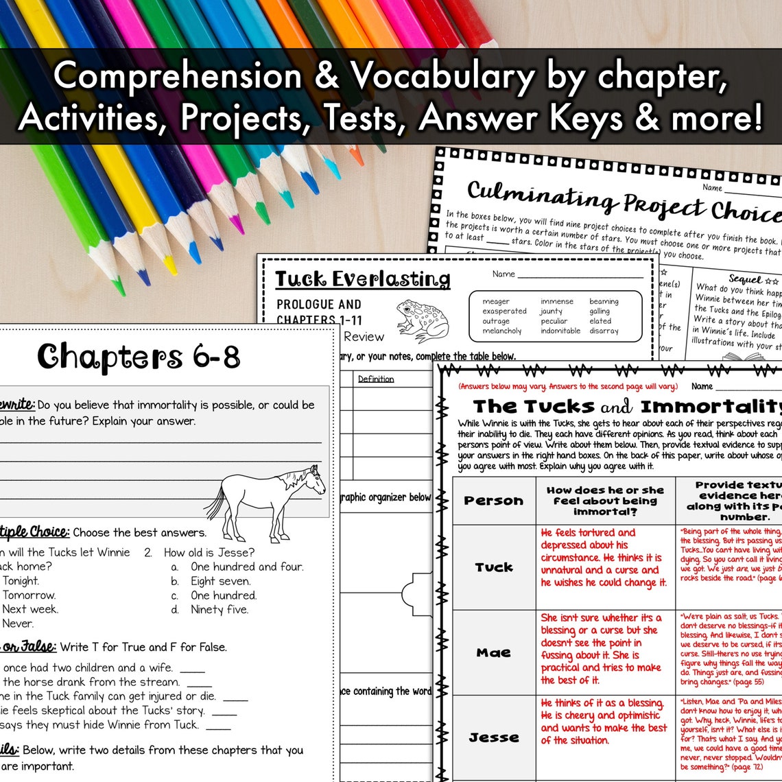 Tuck Everlasting Novel Study Unit Literature Guide Comprehension Worksheets Homeschool