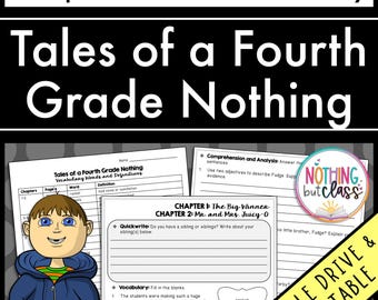 May include: Black and white printable worksheet for a fourth grade reading comprehension and vocabulary activity. The worksheet features a cartoon illustration of a boy with a red jacket and a title that reads "Tales of a Fourth Grade Nothing".