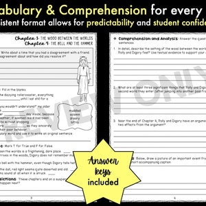 May include: A black and white worksheet with the title "Vocabulary & Comprehension for every 1-2 chapters!"  The worksheet includes vocabulary words, true or false questions, and comprehension questions related to the book "The Wood Between the Worlds" and "The Bell and the Hammer".