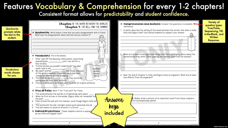 May include: A black and white worksheet with the title "Vocabulary & Comprehension for every 1-2 chapters!"  The worksheet includes vocabulary words, true or false questions, and comprehension questions related to the book "The Wood Between the Worlds" and "The Bell and the Hammer".