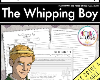 May include: A printable worksheet for "The Whipping Boy" novel by Sid Fleischman. The worksheet includes vocabulary, comprehension, and analysis questions. The worksheet features a cartoon illustration of a prince wearing a crown and green and gold clothing.