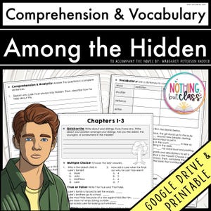 May include: Educational worksheet titled "Comprehension & Vocabulary" for the novel "Among the Hidden" by Margaret Peterson Haddix. The worksheet includes comprehension questions, vocabulary exercises, and quick-write prompts. A portrait of a young man is on the left.