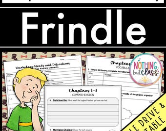 Peut inclure: Ensemble de fiches pédagogiques pour le livre "Frindle". L'image présente des feuilles de travail avec du vocabulaire, des questions de compréhension et une illustration de garçon. Le titre "Frindle" est bien visible.