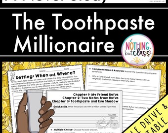 Op de afbeelding: Een printbaar werkblad voor een romanstudie van "De Tandpasta-Miljonair" van Jean Merrill. Het werkblad bevat begrijpend lezen vragen, een snel schrijfopdracht en meerkeuzevragen. Het werkblad is ontworpen voor Google Drive en is printbaar.