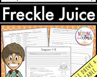 Freckle Juice | Comprehension and Vocabulary by chapter | Guided Reading | Worksheets for Novel Study