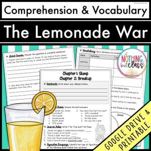 Può includere: Un foglio di lavoro stampabile per il libro "The Lemonade War". Include domande di comprensione, vocabolario ed esercizi vero/falso. Un bicchiere di limonata e una fetta di limone sono visibili. Il testo "GOOGLE DRIVE & PRINTABLE" è presente.