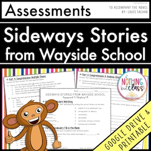 Könnte beinhalten: Ein druckbares Arbeitsblatt für Schüler zum Ausfüllen, mit einem Cartoon-Affen, der den Daumen nach oben hält. Das Arbeitsblatt trägt den Titel "Sideways Stories from Wayside School Assessment 1: Chapters 1-1.5". Das Arbeitsblatt enthält Multiple-Choice-Fragen, Vokabelübungen und Lückentext.