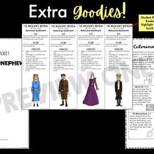 May include: A printable student chapter packet for "The Magician's Nephew" by C.S. Lewis. The packet includes a cover page with a black and white illustration of a queen in a gown, a bookmark with character information, and a culminating project choices page with a grid of project ideas.
