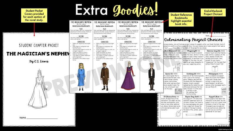 May include: A printable student chapter packet for "The Magician's Nephew" by C.S. Lewis. The packet includes a cover page with a black and white illustration of a queen in a gown, a bookmark with character information, and a culminating project choices page with a grid of project ideas.