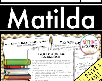 May include: Educational printable featuring activities and projects based on the book "Matilda." Includes character cards, thought bubbles, and teacher instructions. The image shows a stack of books and a colorful logo.
