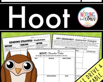 Könnte beinhalten: Lehrblatt mit dem Titel "Aktivitäten und Projekte" mit dem Titel "Hoot" in großen weißen Buchstaben. Enthält Lesestrategie-Aufforderungen, Charakternotizen und eine Cartoon-Eulen-Illustration. Das Arbeitsblatt ist mit "Google Drive & Printable" beschriftet.