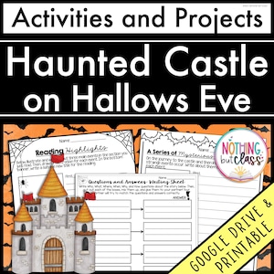 May include: Black and white printable worksheets for a haunted castle themed reading activity. The worksheets include a reading highlights section, a series of mysterious events, and a questions and answers writing sheet.