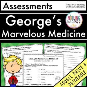 Op de afbeelding: Zwart-witte printbare beoordelingswerkbladen voor George's Marvelous Medicine van Roald Dahl. De werkbladen bevatten meerkeuzevragen, matching-opdrachten en korte-antwoordvragen. De werkbladen zijn ontworpen voor leerlingen van de basisschool.