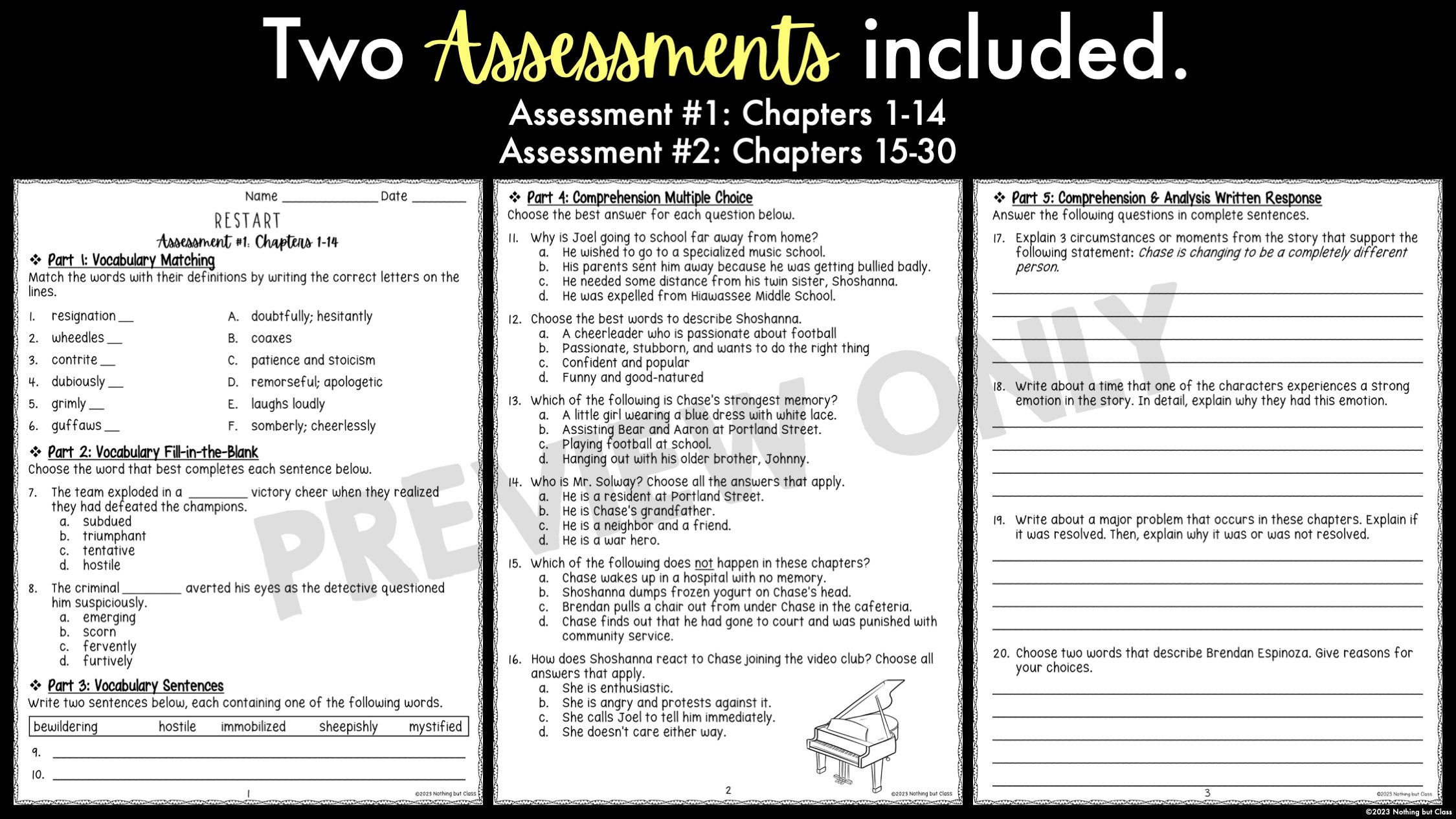Restart Novel Study Unit | Literature Guide | Comprehension Worksheets ...