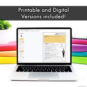 May include: A laptop computer screen displaying a digital version of a chapter from "The Magician's Nephew" by C.S. Lewis. The chapter is titled "The Wrong Door" and includes vocabulary, true or false questions, and a summary writing section. The laptop is on a desk with a stack of colourful books behind it. The text "Printable and Digital Versions included!" is displayed above the laptop.