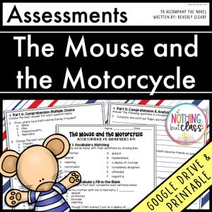 以下が含まれることがあります： ベバリー・クリアリー著「The Mouse and the Motorcycle」の教育評価。画像には漫画のネズミ、評価の質問、テキスト「GOOGLE DRIVE & PRINTABLE」が表示されています。