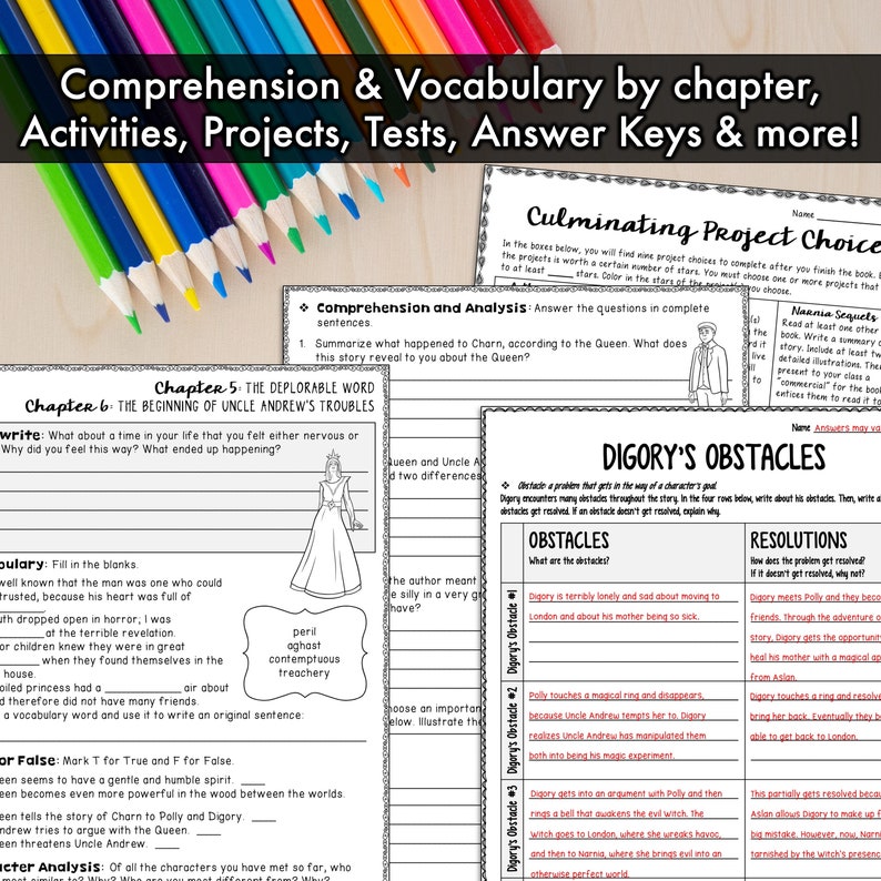 May include: A printable worksheet for a book study of "The Lion, the Witch, and the Wardrobe" by C.S. Lewis. The worksheet focuses on Digory's obstacles and resolutions in the story. The worksheet includes a table with three columns: Digory's Obstacle, Obstacles, and Resolutions.