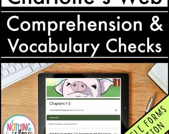 Può includere: Uno schermo di tablet digitale che mostra un documento di Google Forms con il titolo "Charlotte's Web Comprehension & Vocabulary Checks". Il documento è per i capitoli 1-2 del romanzo e include una sezione Quickwrite con un prompt di scrittura sugli animali domestici. Il tablet è su una superficie di legno con una tastiera e un blocco note.