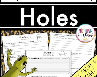 Pode incluir: Uma folha de trabalho para o livro "Holes" com o título "Compreensão e Vocabulário". A folha de trabalho inclui vocabulário, perguntas de compreensão e perguntas de múltipla escolha. Um lagarto de desenho animado está no canto.